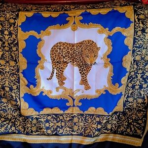 🐆Symphony Scarfs White, Gold, and Blue Silk Scarf – Elegant Jungle Cat Design